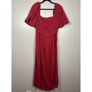 Bohme Red Puff Sleeve Ruched Smocked Midi Dress BHM1111WD Womens Large